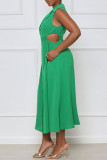 Green Sexy Solid Hollowed Out Patchwork V Neck A Line Dresses