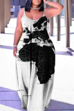 ホワイトブラックファッションセクシープラスサイズカジュアルプリントバックレススパゲッティストラップロングドレス