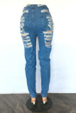 Royal Blue Fashion Casual Solid Ripped Patchwork High Waist Skinny Denim Jeans