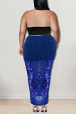 Deep Blue Sexy Solid Embroidered Sequins Patchwork High Waist Sequins Sheer Mesh Denim Maxi Skirts