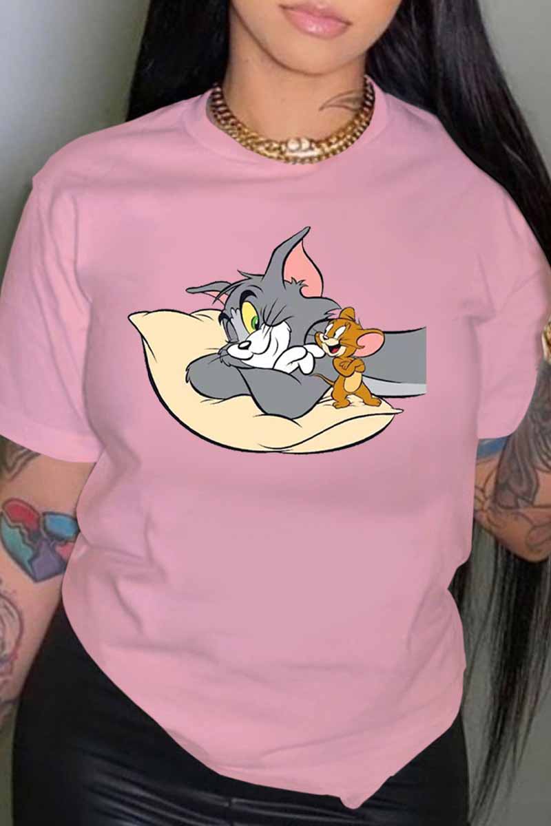 

Pink Fashion Casual Character Patchwork O Neck T-Shirts