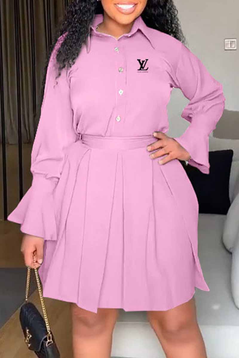 

Pink Fashion Elegant Print With Belt Turndown Collar Shirt Dress Dresses