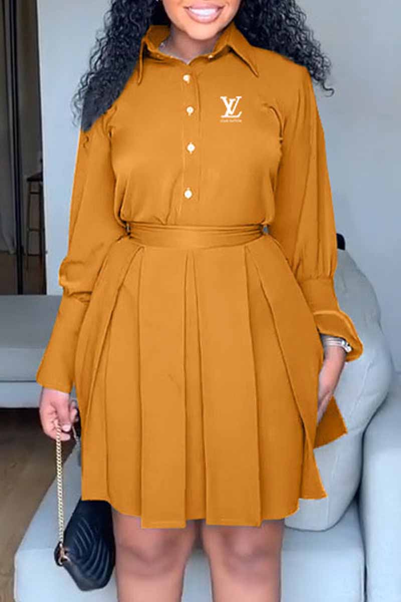 

Orange Fashion Elegant Print With Belt Turndown Collar Shirt Dress Dresses