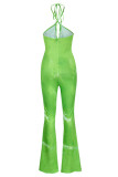 Verde fluorescente moda sexy impressão bandagem escavada sem costas halter macacões regulares
