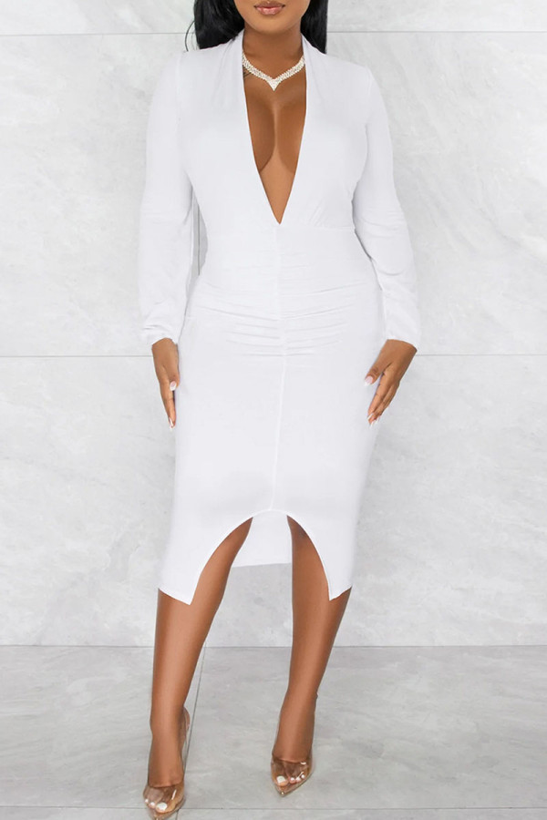 Vestidos brancos sexy de retalhos sólidos com fenda e decote em V mangas compridas