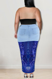 Gonne di jeans a vita alta con patchwork di paillettes ricamate in tinta unita blu chiaro