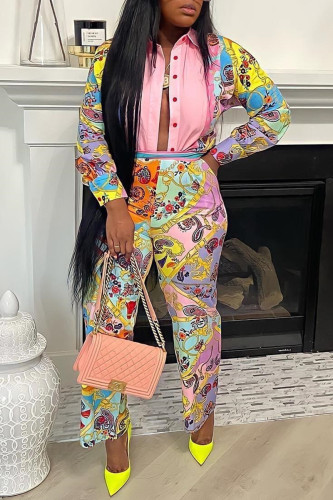 Pink Fashion Casual Print Patchwork Turndown Collar Long Sleeve Two Pieces