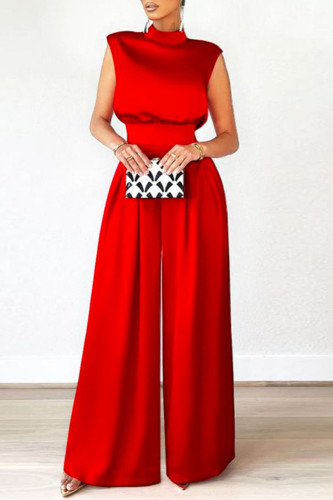 Red Fashion Casual Solid Patchwork Turtleneck Regular Jumpsuits (Without Belt)