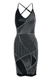 ローズレッドファッションセクシーなパッチワークホットドリルバックレスVネックスリングドレス