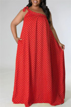 Red Fashion Sexy Plus Size Print Bandage Backless Oblique Collar Sleeveless Dress
