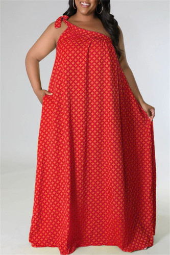 Rote Mode Sexy Plus Size Print Bandage Backless Schrägkragen Ärmelloses Kleid