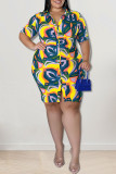 ブルーカジュアルプリントパッチワークバックルターンダウンカラーシャツドレスプラスサイズのドレス