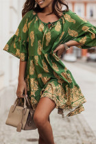 Grönt mode Casual Print Patchwork V-ringad klänning