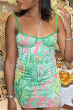 Green Fashion Sexy Print Patchwork Backless Spaghetti Strap Sleeveless Dress
