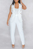 Trajes de dos piezas sexy de moda blanca Botón sólido Slim fit Conjunto de pantalones de dos piezas sin mangas regulares