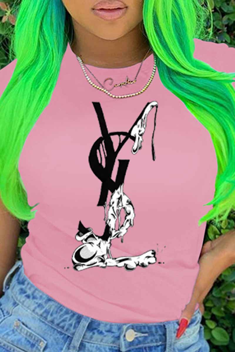 

Pink Fashion Street Print Letter O Neck T-Shirts