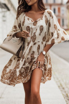 Witte mode casual print patchwork v-hals bedrukte jurk