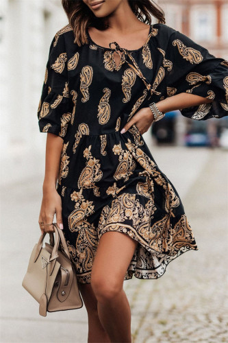 Black Fashion Casual Print Patchwork V Neck Printed Dress