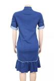 Синее модное повседневное джинсовое платье больших размеров в стиле пэчворк с отложным воротником