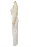ホワイトファッションセクシーなソリッドパッチワーク背中の開いたスリットワンショルダーノースリーブドレスドレス