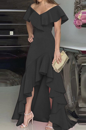 Black Fashion Casual Solid Patchwork V Neck Evening Dress