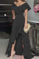 ブラックファッションカジュアルソリッドパッチワークVネックイブニングドレス