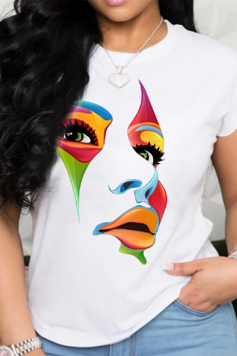 White Fashion Street Print Patchwork O Neck T-Shirts