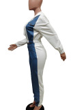 ホワイトカジュアルソリッドパッチワークジッパーフード付きカラー長袖ツーピース