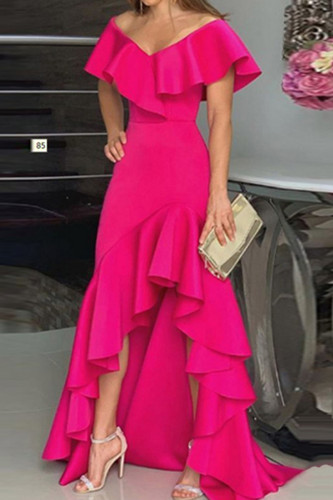 Rose Red Fashion Casual Solid Patchwork V Neck Evening Dress
