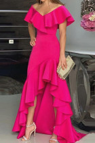 ローズレッドファッションカジュアルソリッドパッチワークVネックイブニングドレス