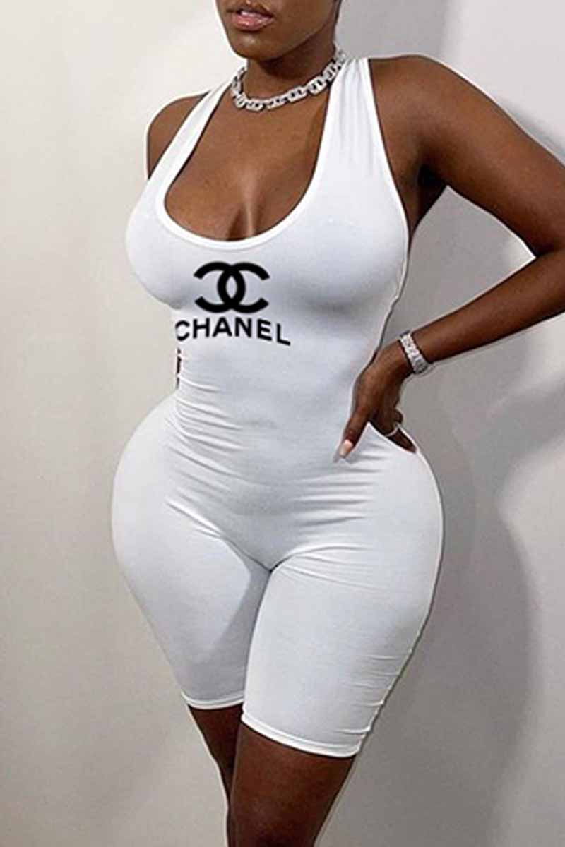 

White Fashion Street Print Backless Letter U Neck Jumpsuits