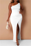 Witte mode sexy effen patchwork backless split een schouder mouwloze jurk jurken