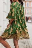 Grönt mode Casual Print Patchwork V-ringad klänning