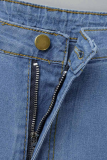 Diepblauwe casual jeans met effen kwastjes in grote maten