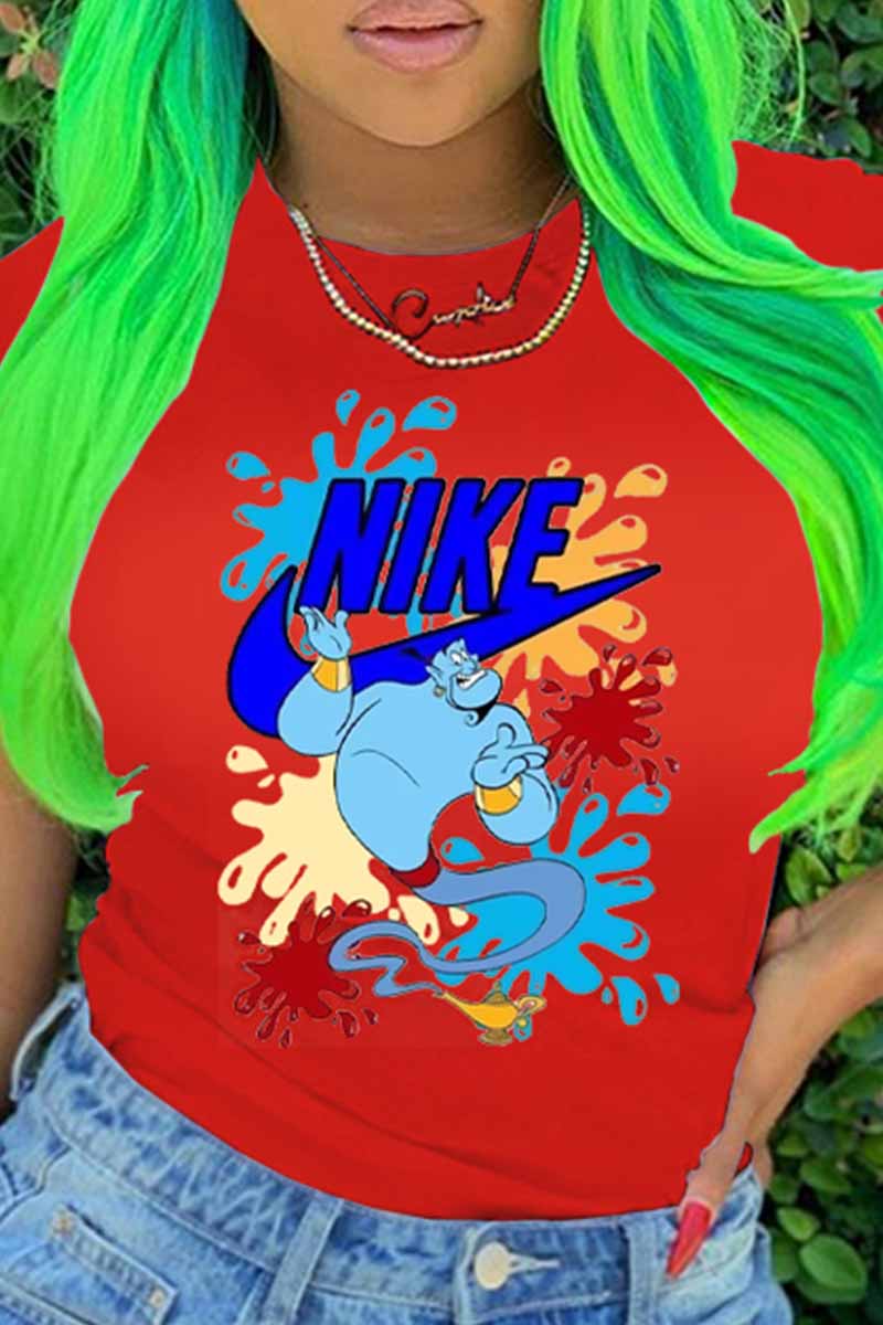 

Red Fashion Street Print Patchwork O Neck T-Shirts