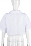 White Fashion Casual Solid Patchwork Turndown Collar Tops