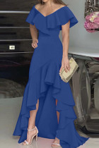 ブルーファッションカジュアルソリッドパッチワークVネックイブニングドレス