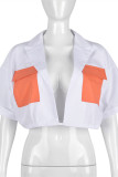 White Fashion Casual Solid Patchwork Turndown Collar Tops