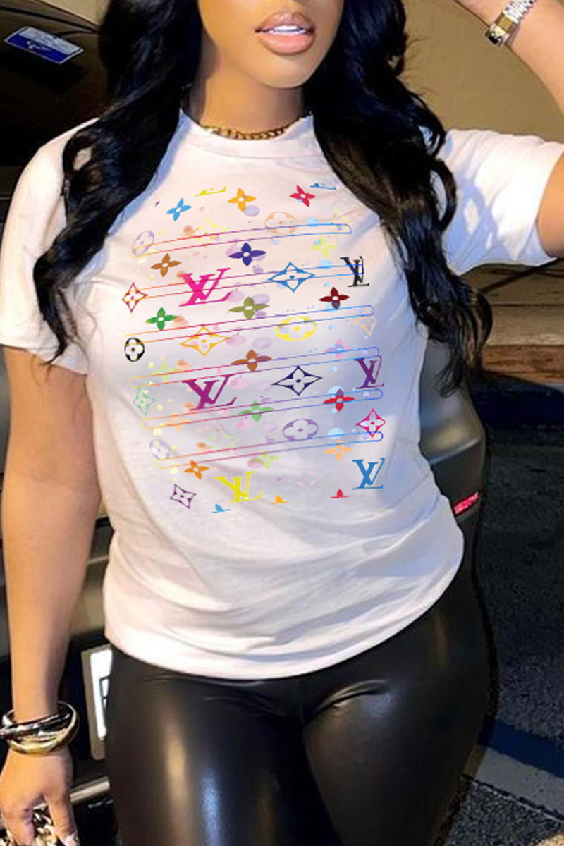 

White Fashion Street Print Patchwork Letter O Neck T-Shirts