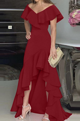 Burgundy Fashion Casual Solid Patchwork V Neck Evening Dress