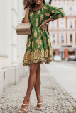 Grüne Mode Casual Print Patchwork V-Ausschnitt bedrucktes Kleid
