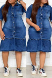 Blauwe mode casual plus size effen patchwork turndown kraag denim jurk