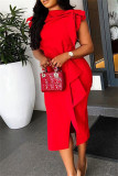 Красное модное повседневное однотонное платье в стиле пэчворк с разрезом и круглым вырезом с коротким рукавом