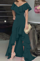 グリーンファッションカジュアルソリッドパッチワークVネックイブニングドレス