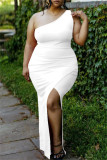 Белое модное сексуальное однотонное лоскутное платье без рукавов с открытой спиной и разрезом на одно плечо Платья