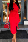 Rode mode casual effen patchwork spleet O-hals jurk met korte mouwen