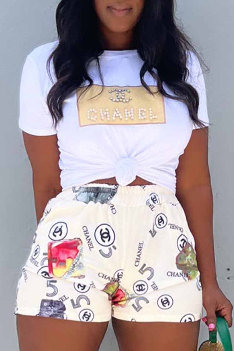 

White Fashion Casual Print Letter Hot Drill O Neck Short Sleeve Two Pieces