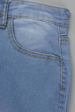 Jeans de talla grande con borla sólida casual azul medio