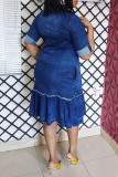 Vestido de mezclilla con cuello vuelto de patchwork sólido de talla grande casual de moda azul