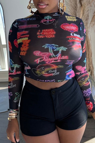 Black Casual Print Patchwork O Neck Long Sleeve Two Pieces